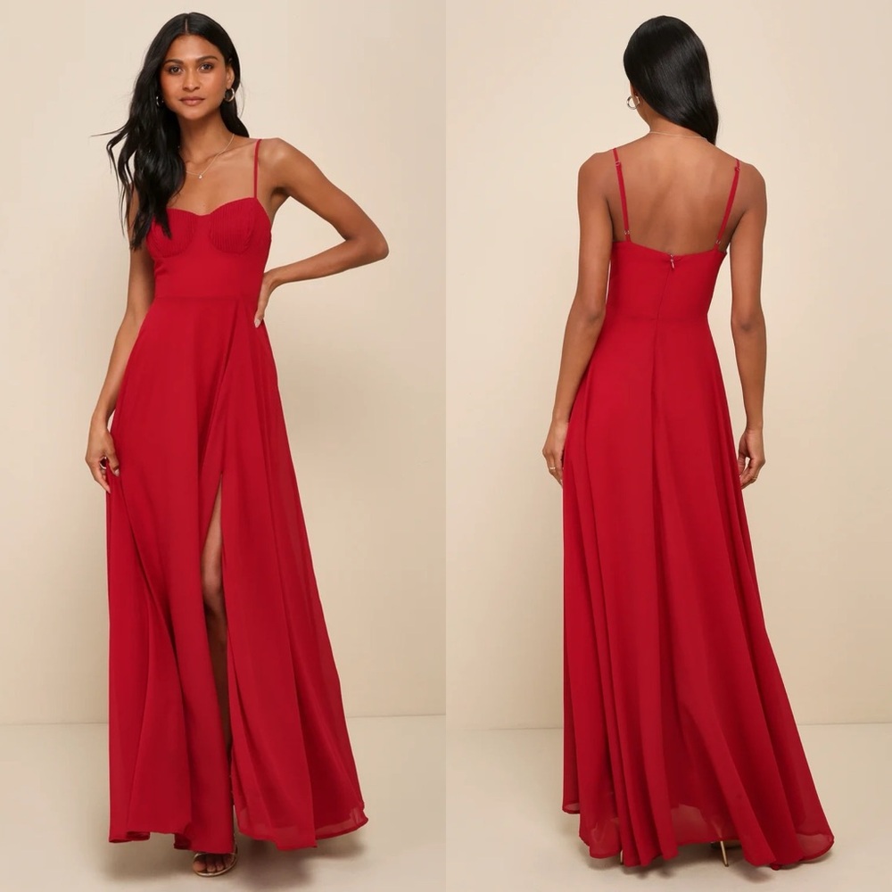 Lulus | Cause for Commotion Red Pleated Bustier Maxi Dress